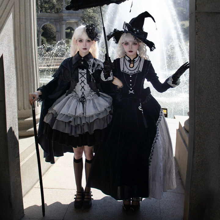 With Puji~Innocent Talk~Halloween Chinese Style Lolita OP Black-silver Gray Dress   