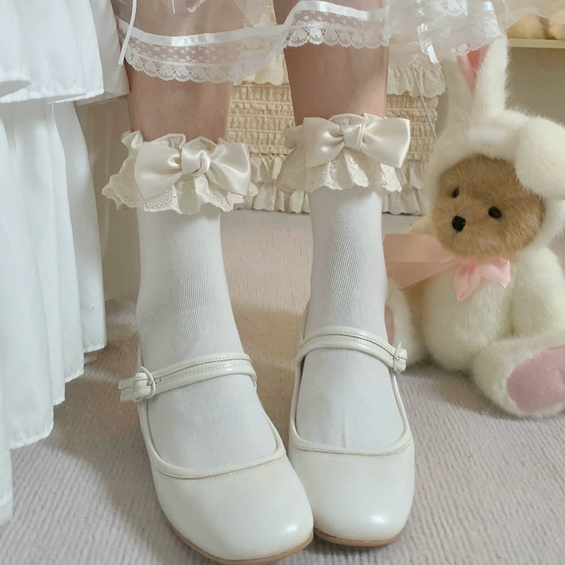Roji Roji~Cotton Lolita Socks Lace Bow White Socks 38812:601322