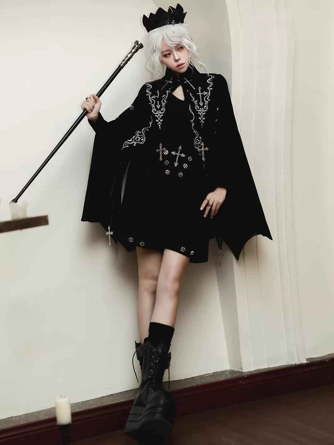 Nightfall - Ouji Lolita Outfit, Bat Wing Shaped Cape 44548:812682