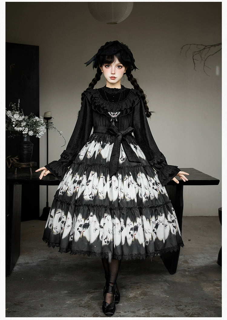 With PUJI - Dead Leaf Butterfly - Gothic Lolita JSK & OP Dress Set, Butterfly Print 44346:805371
