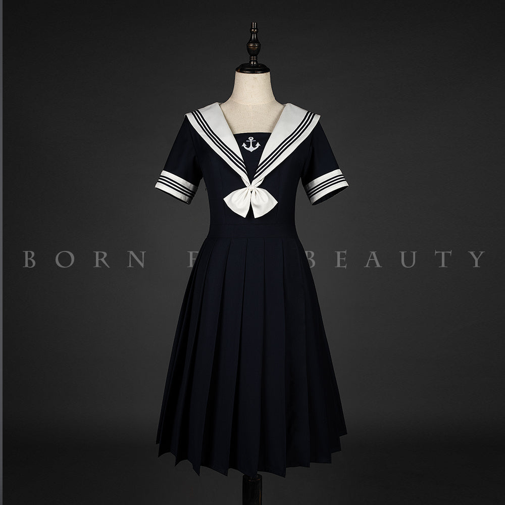 (Buyforme)Youpairui~Amatsukaze~JK Uniform Lolita Sailor Collar OP S navy blue dress white collar (without embroidery on hemline ) 