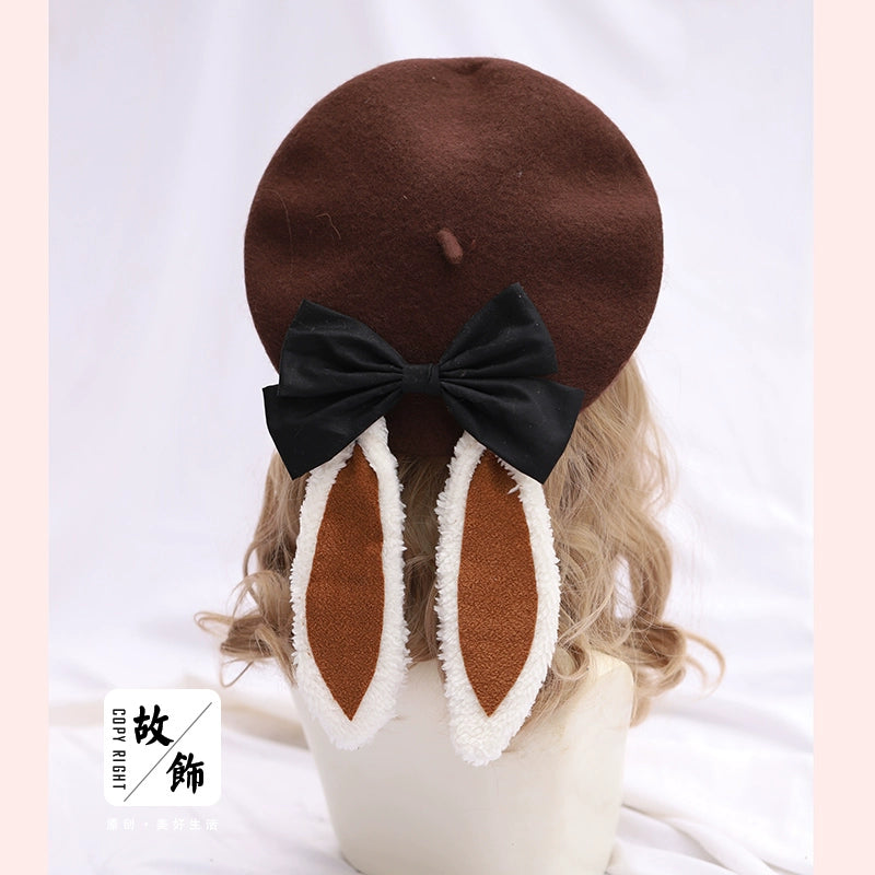 The Accessories' Story - Kawaii Lolita Beret, Detachable Bunny Ears & Bow (M / Coffee) 44235:800159