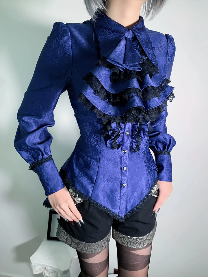 Little Dipper~Cold Rice~Ouji Lolita Jabot Tiered Jabot with Lace Blue Jabot with Black Lace F