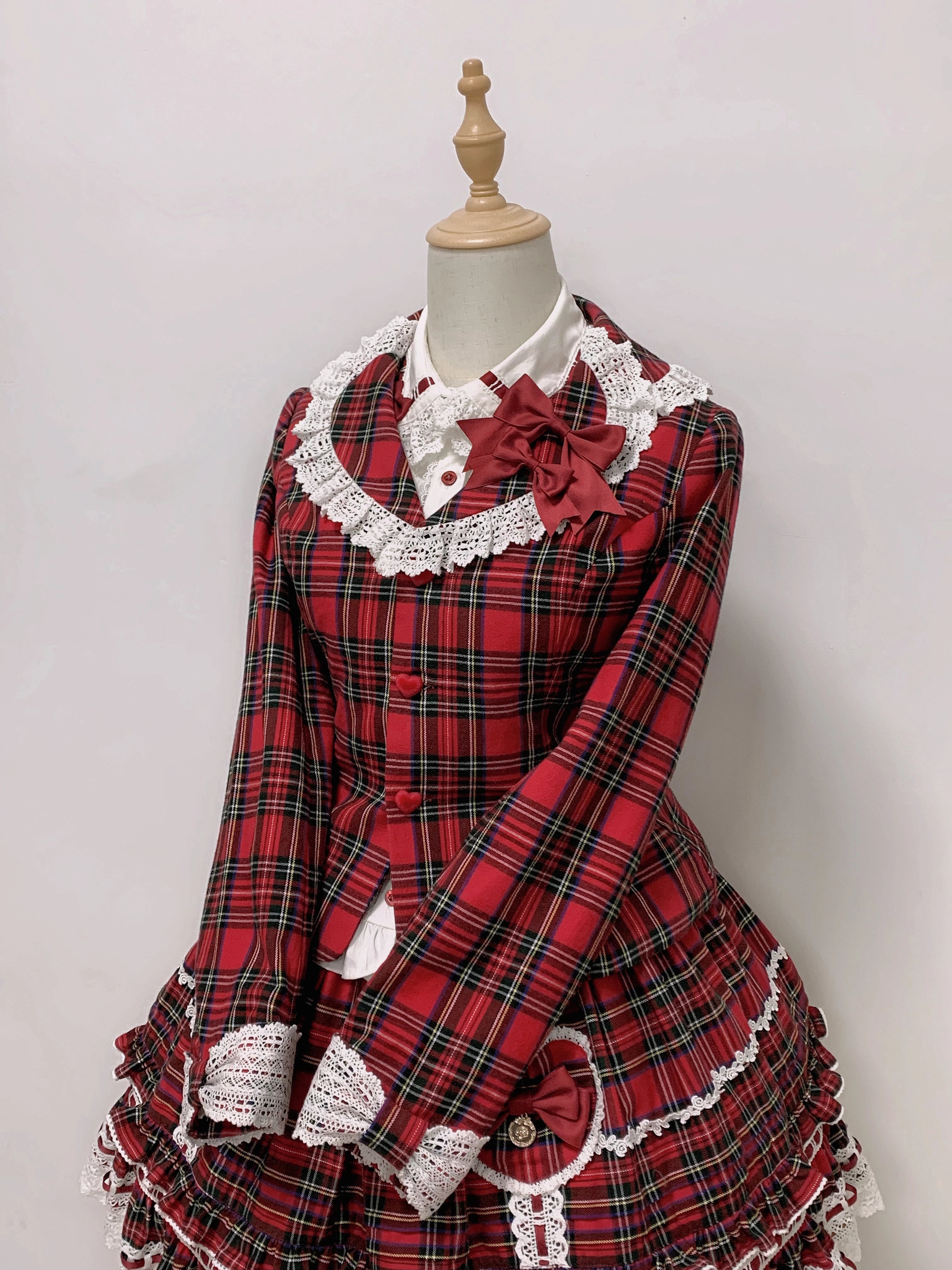 Bunny's Wish - Old School Lolita Coat, Flounce Hem Skirt Red Plaid Cotton Version Coat XS