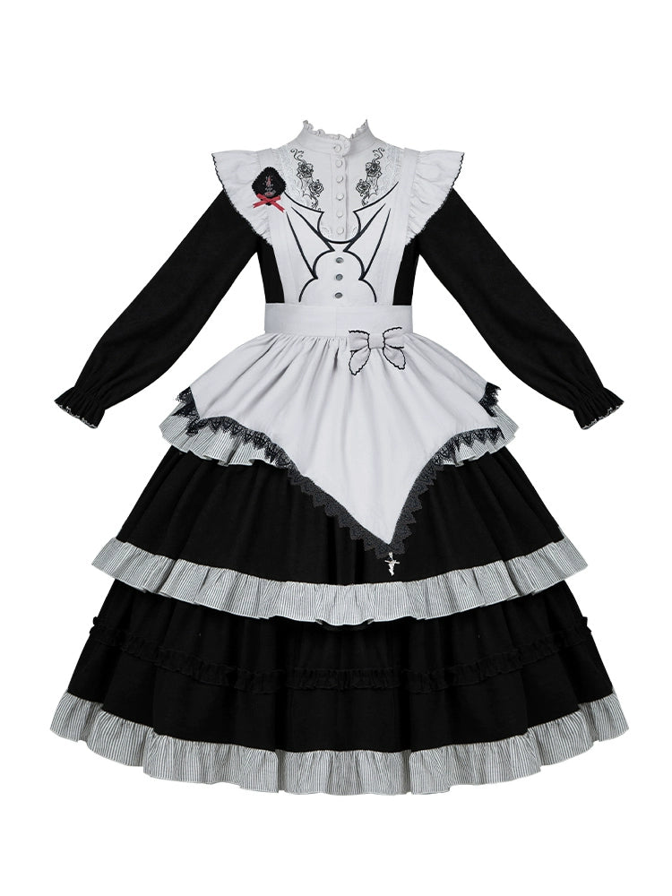 With PUJI~Castle Night~Gothic Twins Lolita OP Three-tiered Embroidery Dress 40602:671304