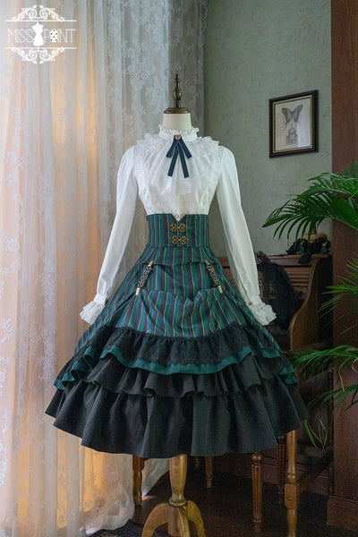 (Buyforme)Miss Point~Customized Lolita Elegant Striped High Waisted Fishbone SK XS green stripe 