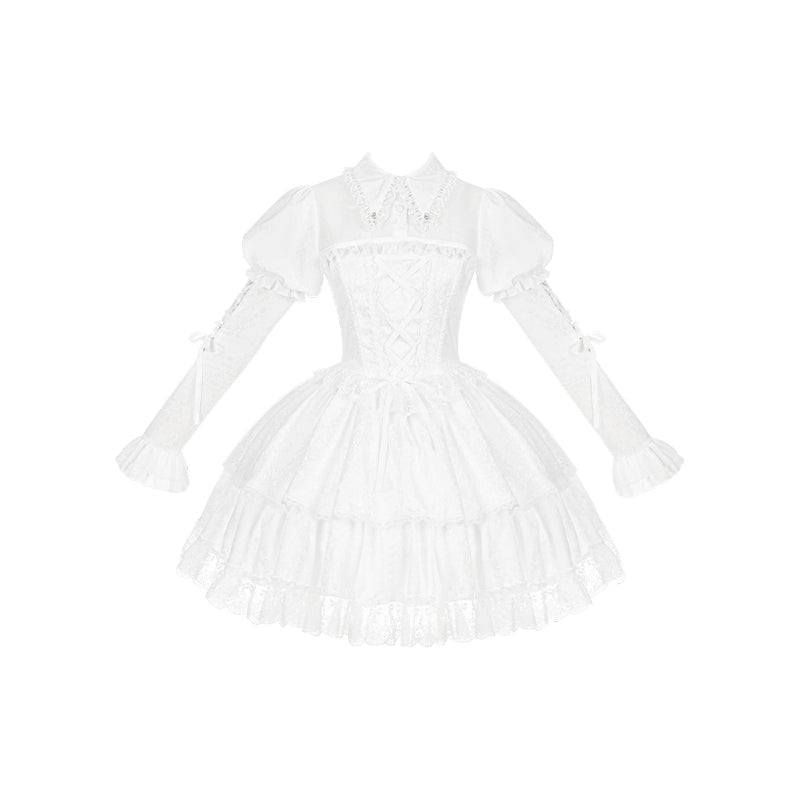 With PUJI - Fallen Heaven - White Gothic Lolita OP Set, Double Layered Skirt (L M S) 43795:785497