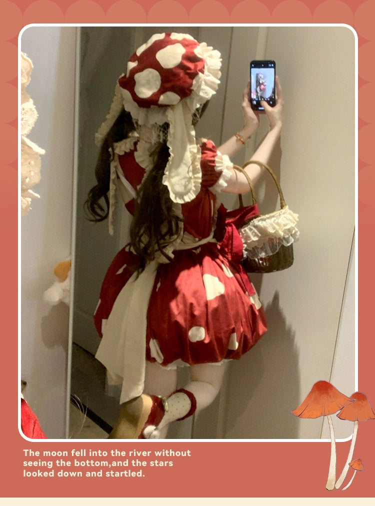 Sakurahime~Mushroom~Kawaii Lolita OP Dress with Apron and Detachable Sleeves