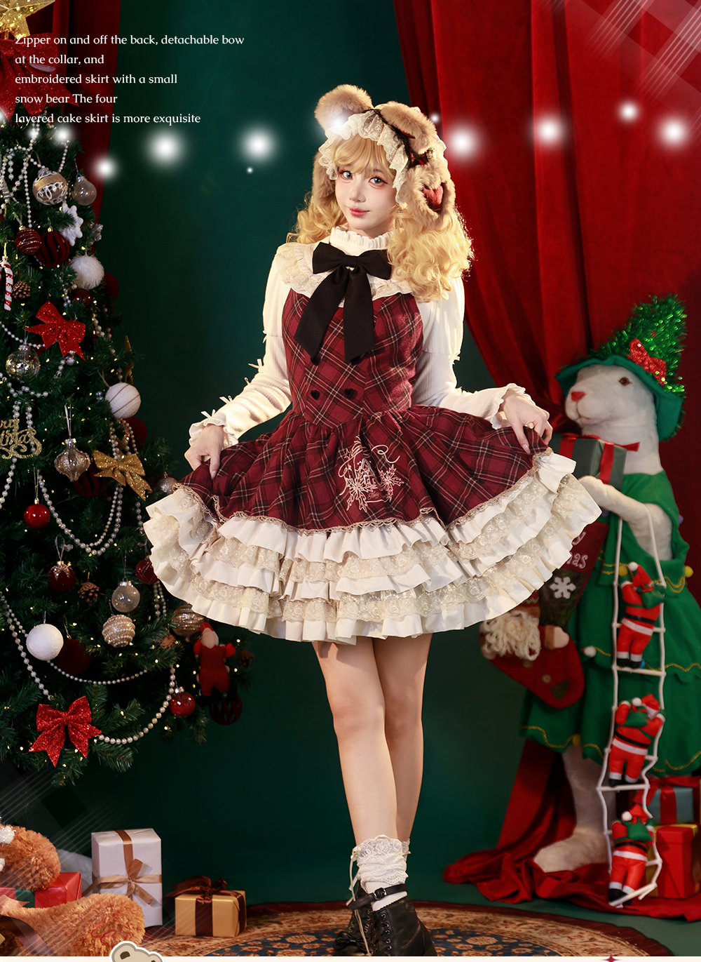 OCELOT - Kurikuma Cocoa - Christmas Plaid Lolita JSK, Hooded Cape 44202:799742