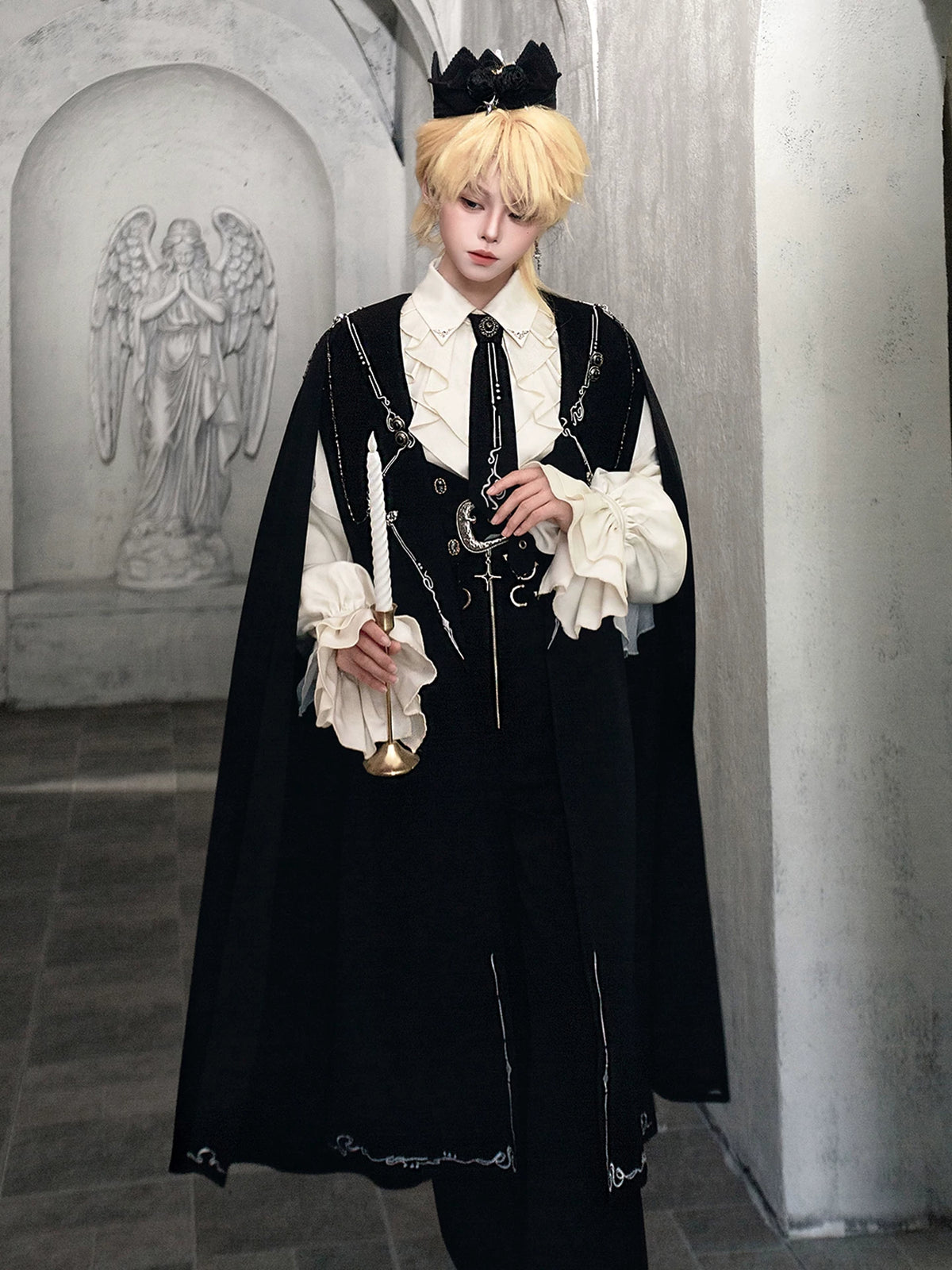 Hidden Crow - Ouji Lolita Cloak & Pants Suit, Silver-Thread Embroidery 46041:873245