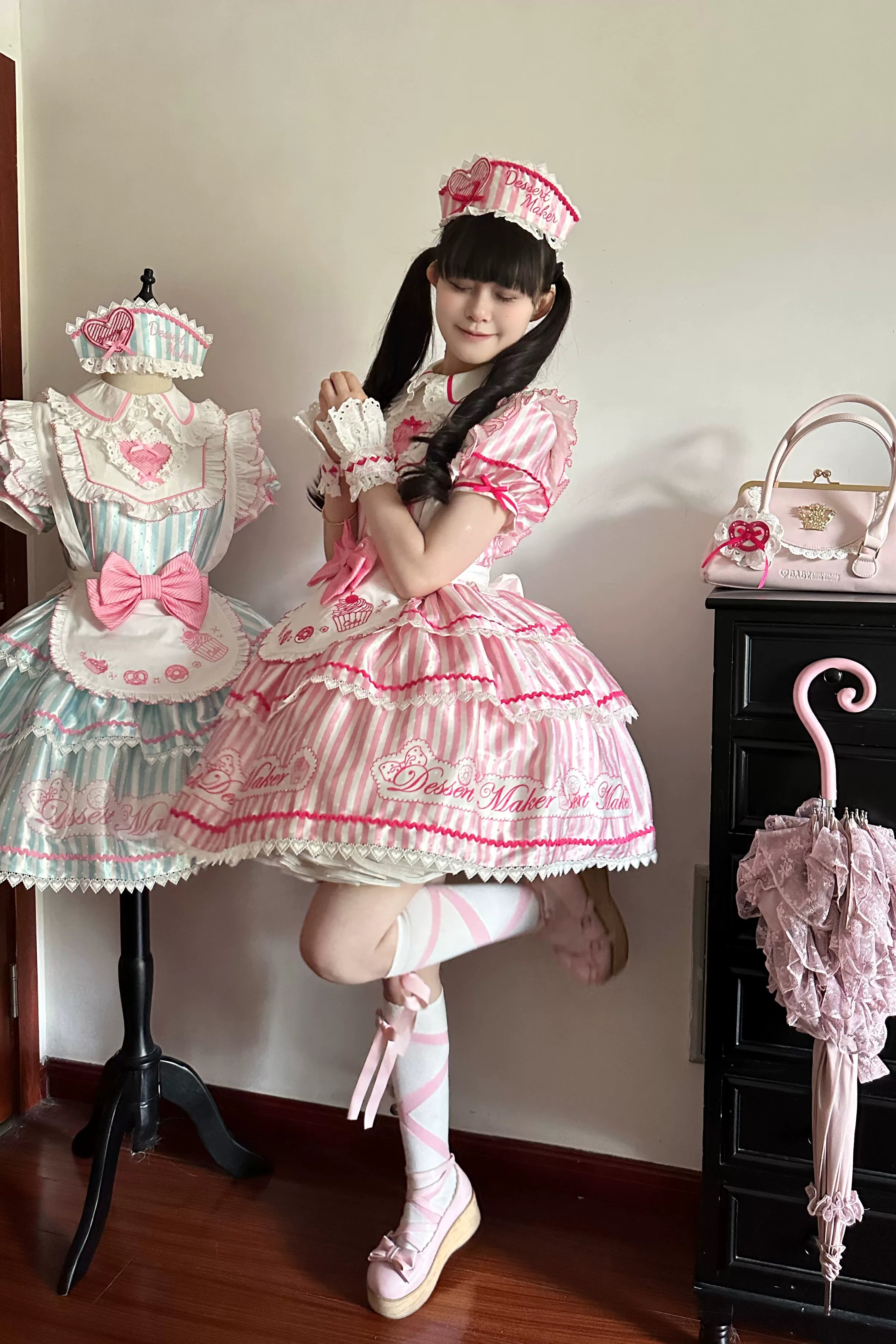 Sweet Butler - Maid Lolita Striped OP Dress, Embroidered Collar 45379:851060