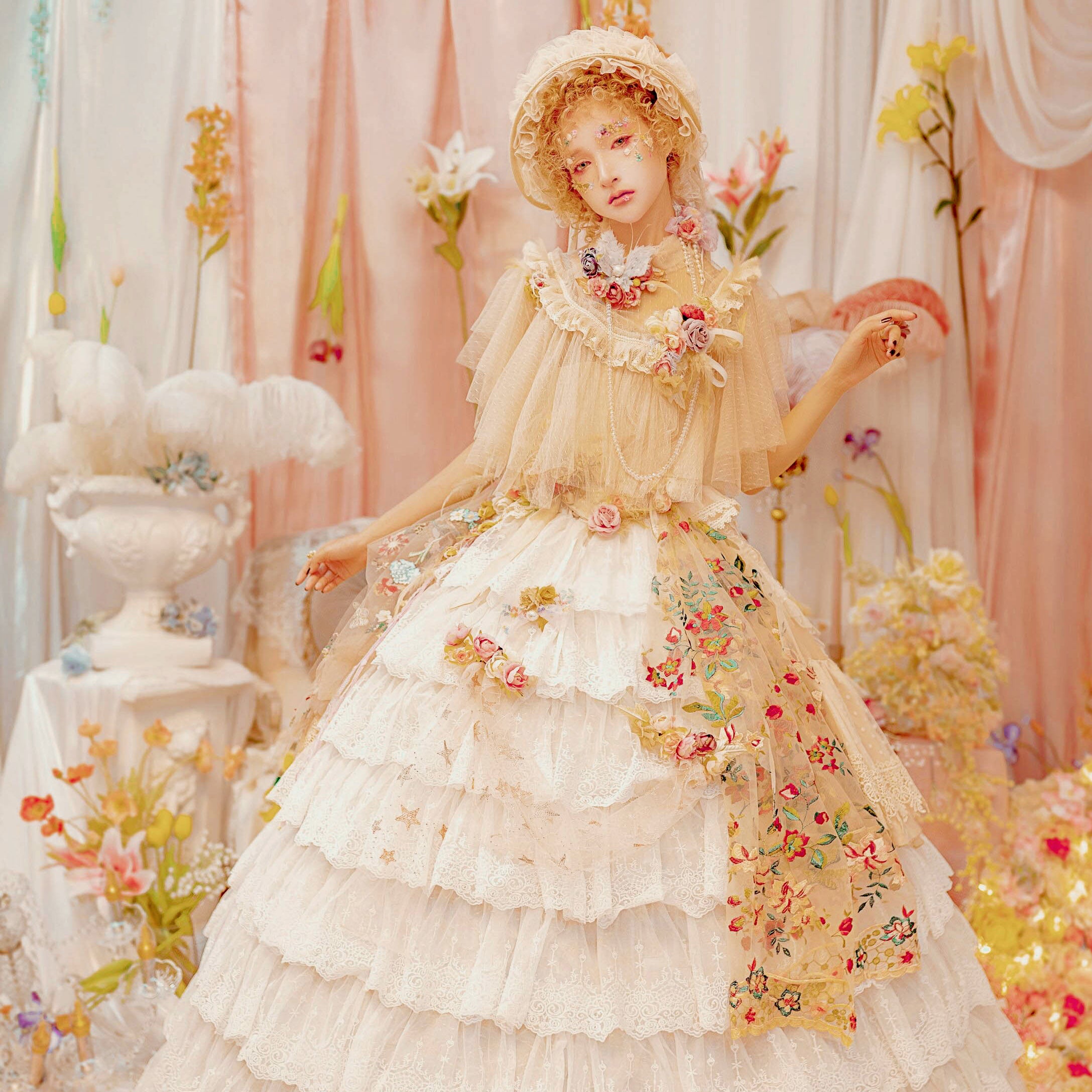 Sentaro - Elegant Lolita A-line Fish-bon Adjustable Tiered Skirt (beige) 15014:208508