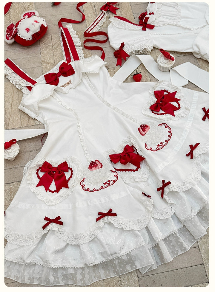 Mademoiselle Pearl - Cup Cake - White, Red Bow, Sweet Lolita Dress Set 43333:773876