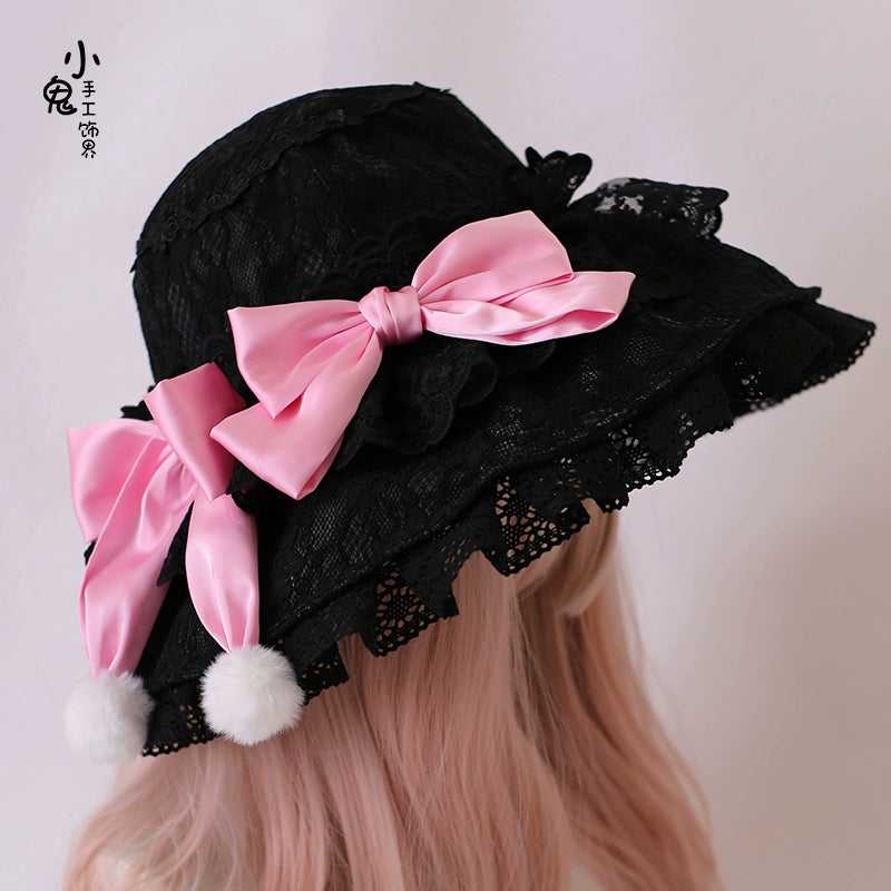 Xiaogui~Retro Lolita Hat Lace Handmade Doll Hat with Multicolor Bows free size black hat with rose pink bow 