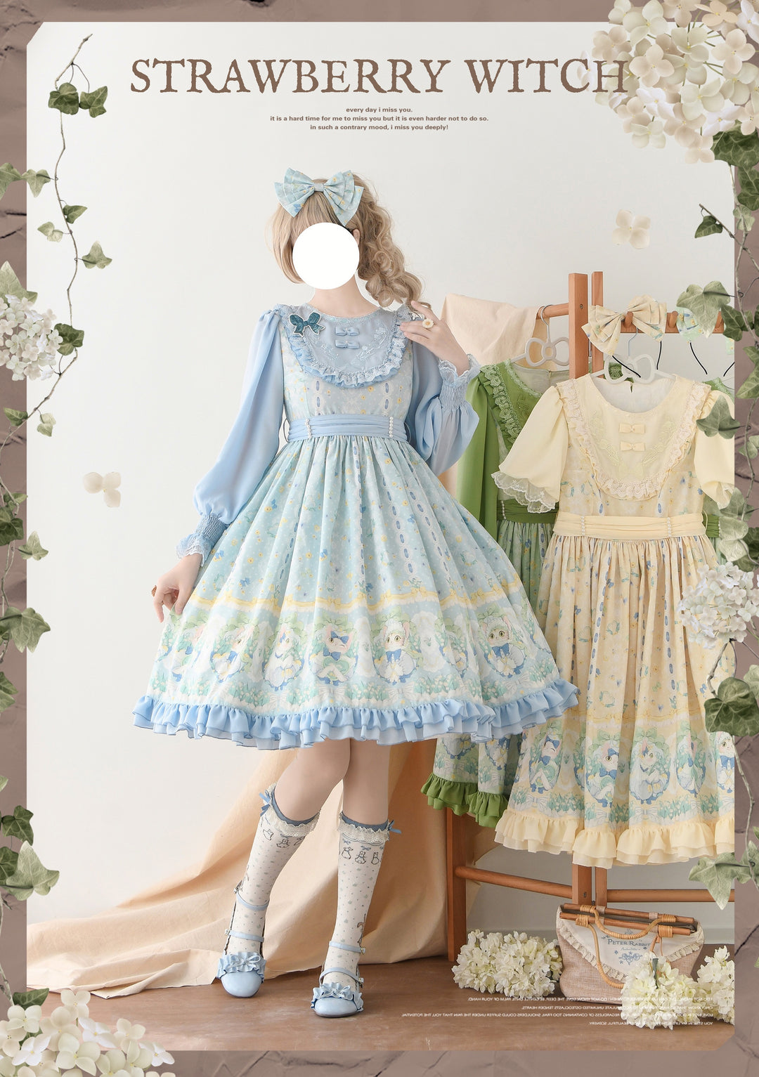 Strawberry Witch~Lily of the Valley Kitten~Country Lolita OP with Embroidery and Cat Print