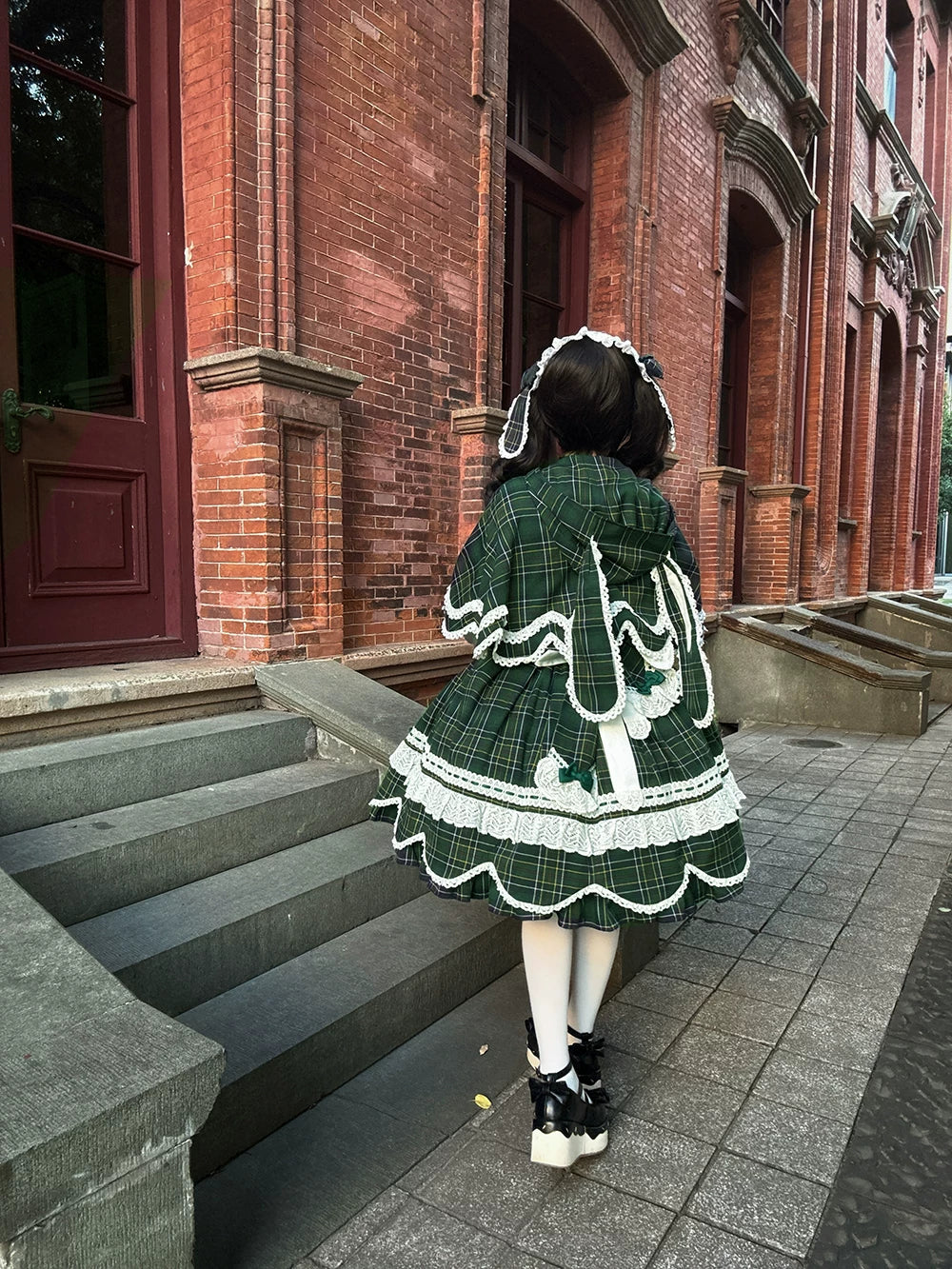 Plaid Petal Bunny - Old School Lolita Bunny Ear Cape, Lace-trimmed Petal Hem 45983:870724