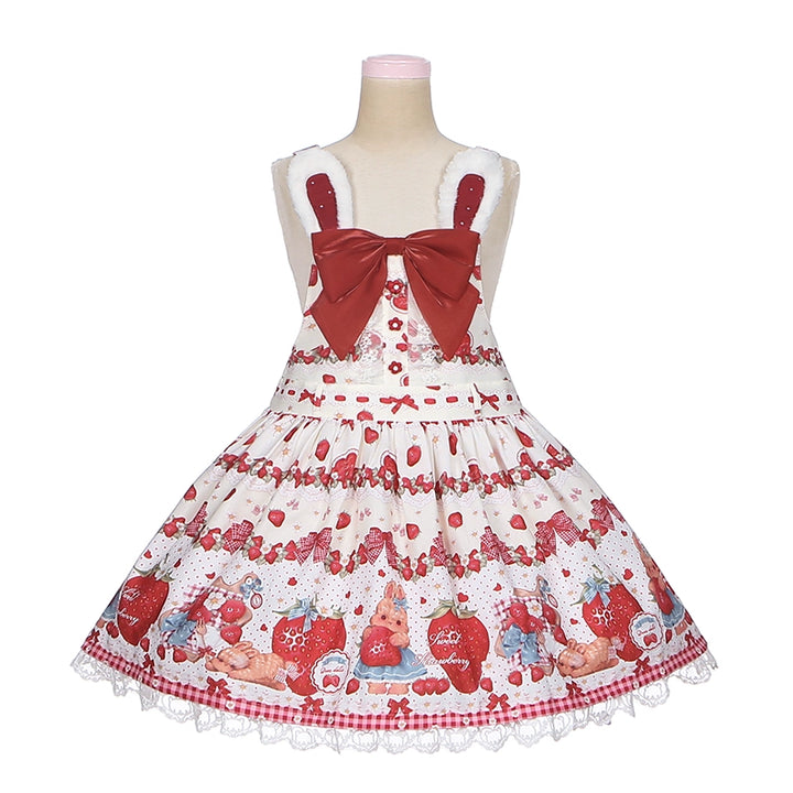 To Alice~Spring Strawberry Bunny~Kawaii Lolita Salopette Dress Hooded Coat and Blouse Off White - Salopette Only S