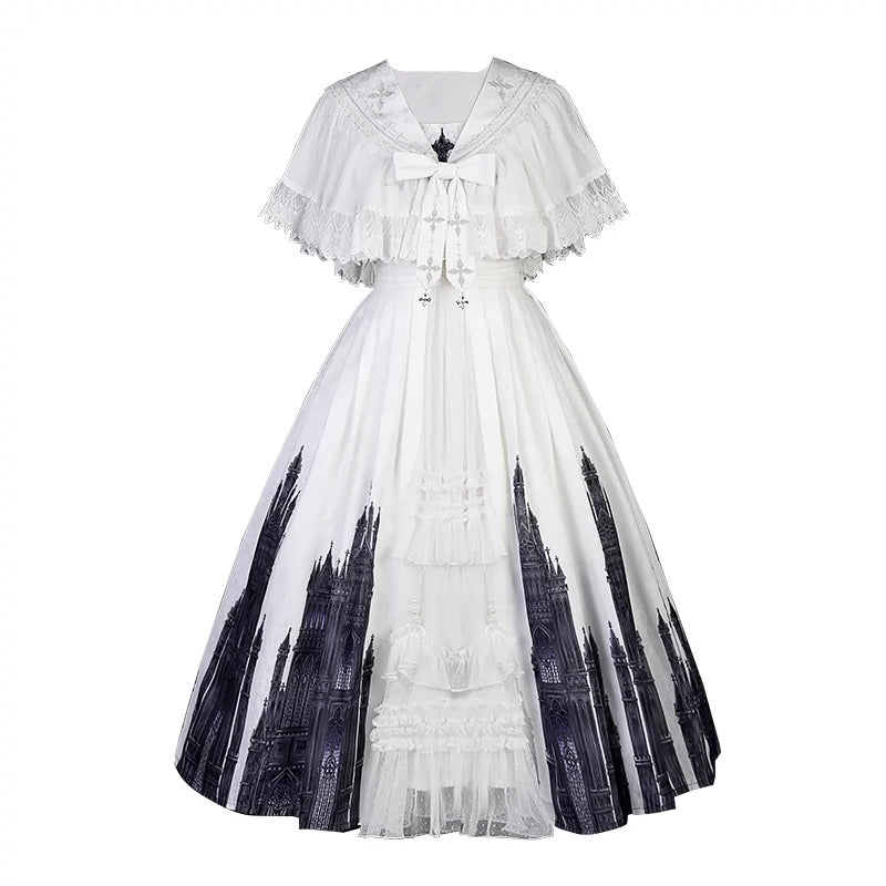 Cornfield Lolita~Silent Church~Gothic Lolita JSK Front Open Printed Dress and Thin Cardigan Set S white JSK dress + white thin cardigan 