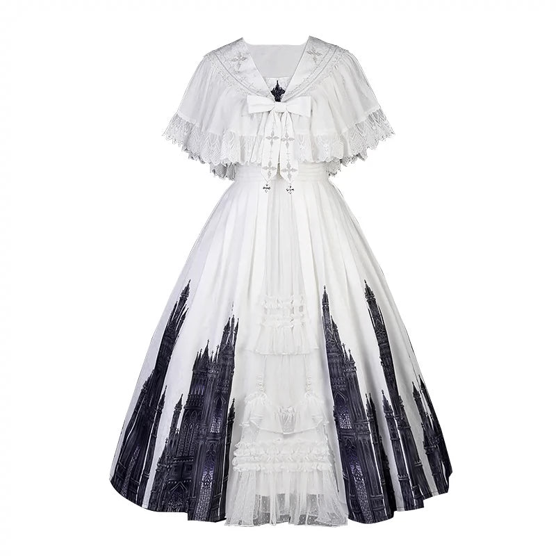 Cornfield Lolita~Silent Church~Gothic Lolita JSK Front Open Printed Dress and Thin Cardigan Set (L M S) 36966:541936