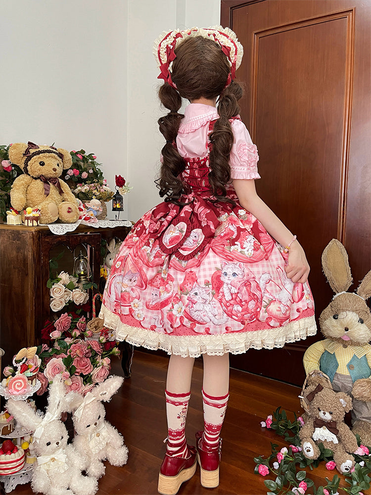 Mewroco~Strawberry Cat~Sweet Lolita Dress Suit JSK and Salopette with Cat Prints