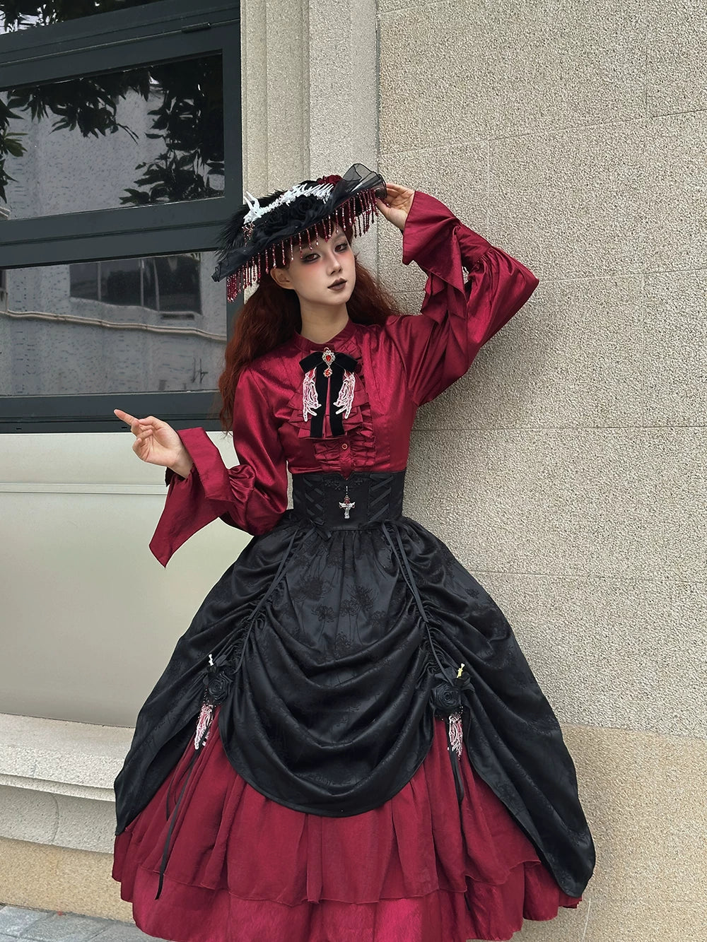 Moonnight Return - Fishbone Gothic Lolita SK Dress, Drawstring lift-up Hem