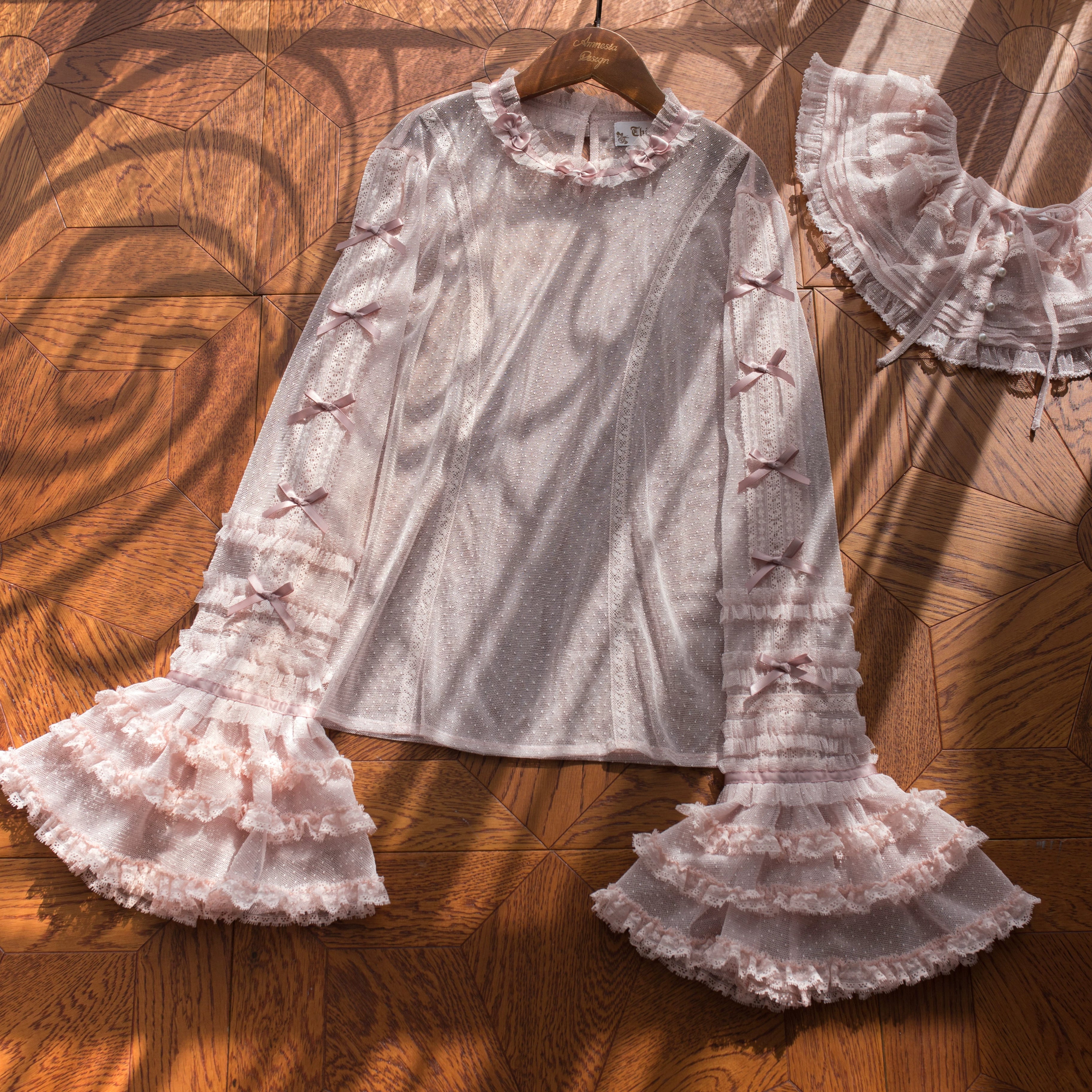 Vernal Feast - Polka Dot Lolita Blouse, Ruffled False Collar Pink Blouse Only S