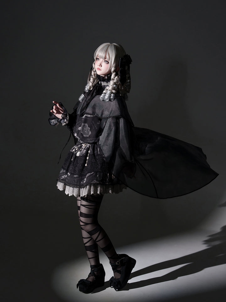 Sing a lullaby for you~Believer~IP Collab Gothic Lolita OP Dress Set Printed Hooded cape   