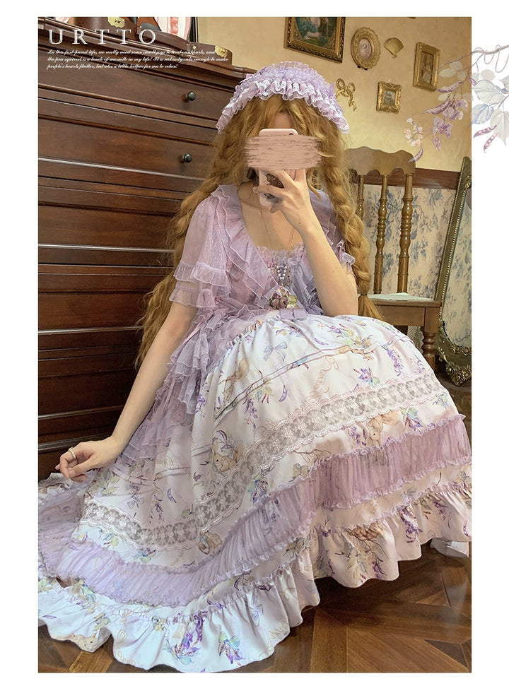 Urtto~Pea Squirrel~Country Lolita Purple JSK Dress with Tulle Cardigan