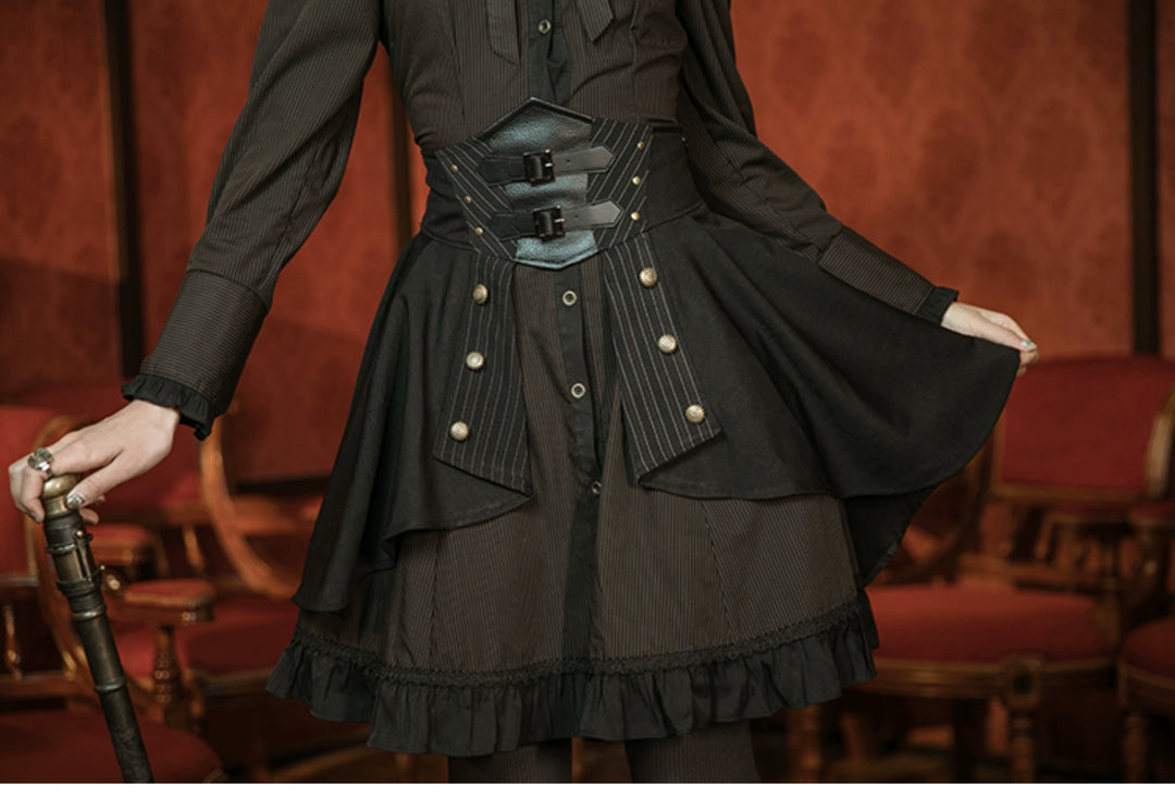 (BFM)Mr. Yi's Steam Continent~Gothic Lolita Skirt Black High-Waisted Leather Waistband Skirt