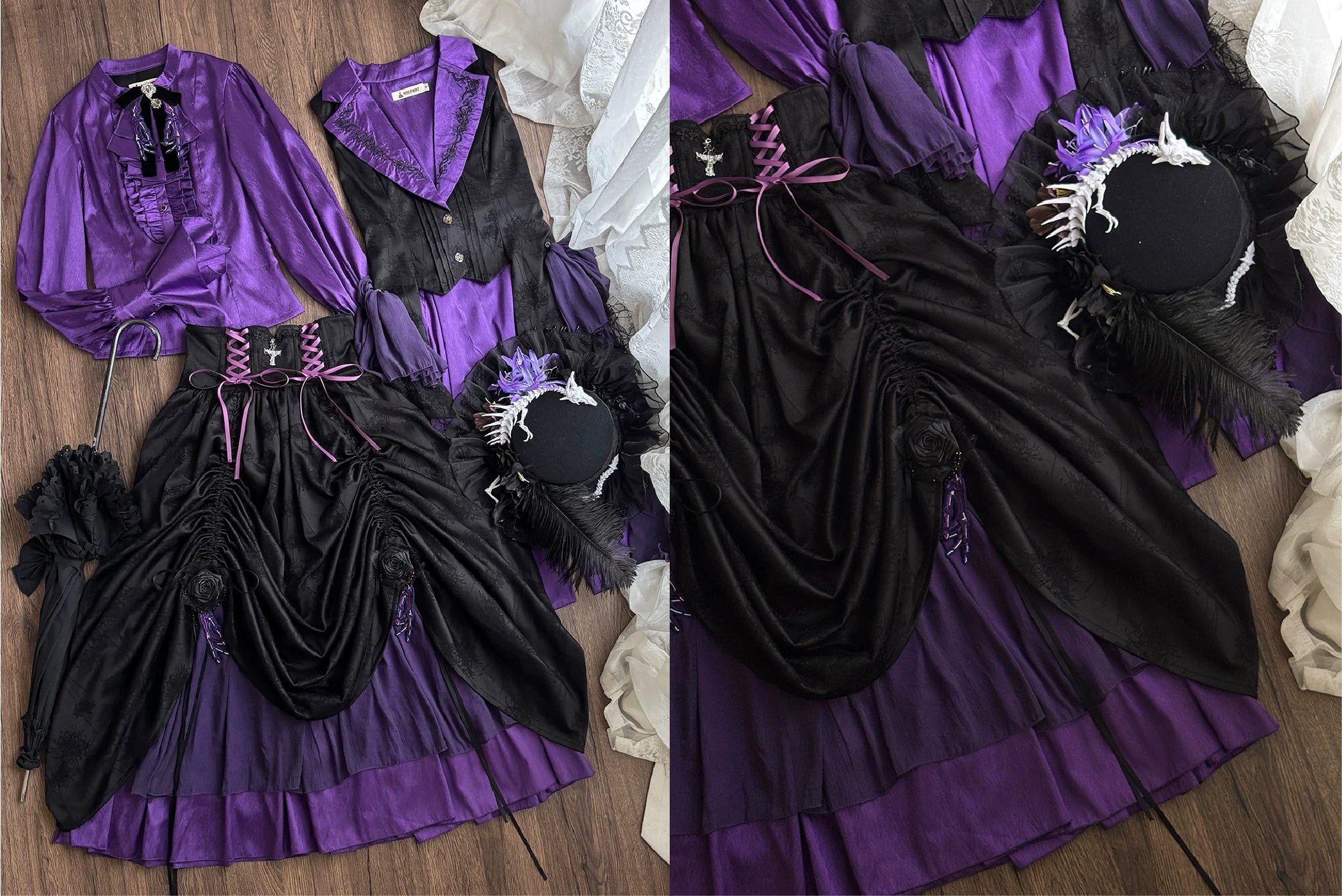 Moonnight Return - Fishbone Gothic Lolita SK Dress, Drawstring lift-up Hem Solid - Purple SK XS