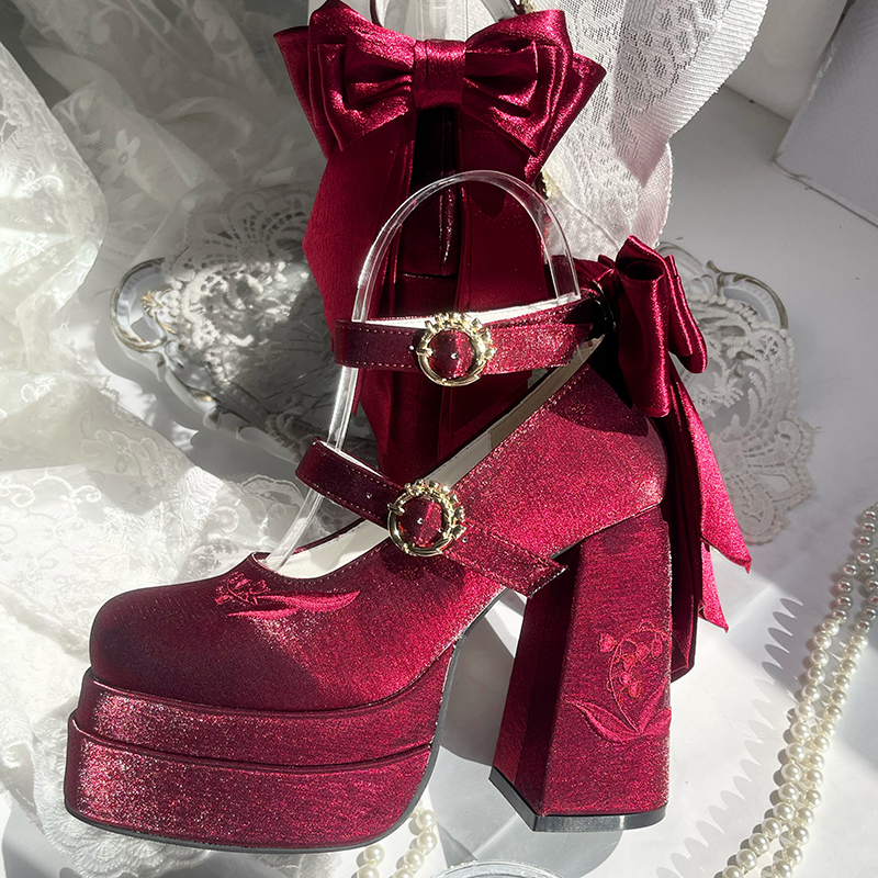 Dreamland~Floating Dream Lily~Elegant Lolita High Heel Shoes Butterfly Knot Shoes 34 Burgundy 