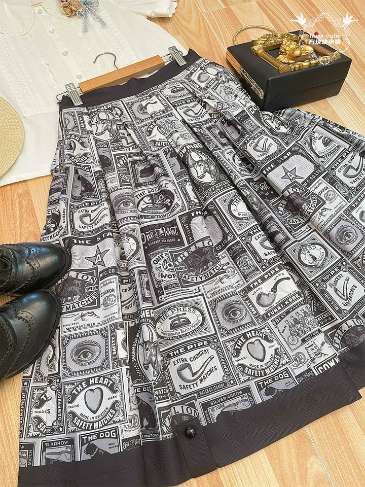 Miss Cube - Antique Label - Retro Lolita Skirt American Half Skirt Customized Antique Print