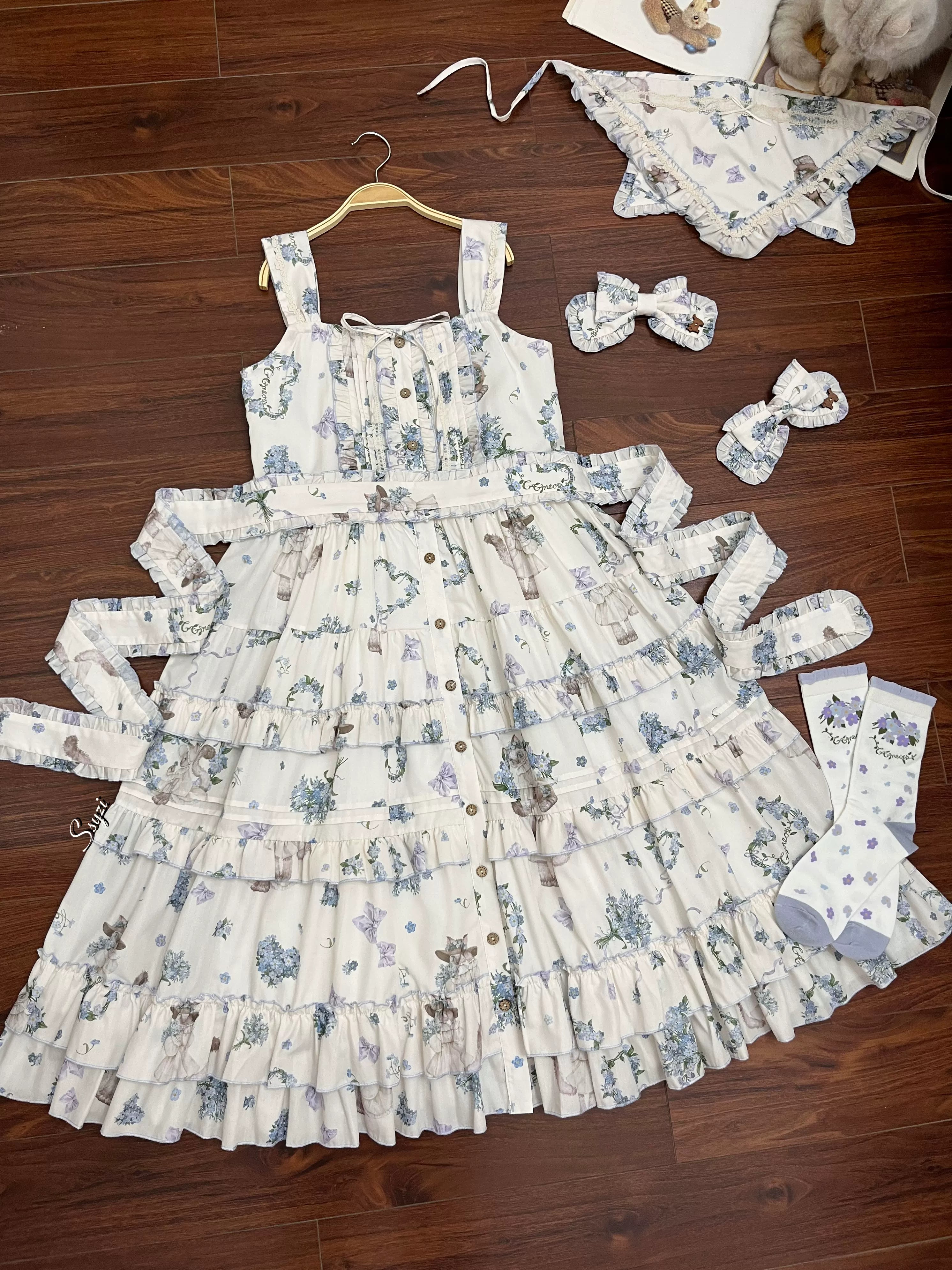 Meow Wreath - Classic Lolita Button Closure JSK Dress, Cat and Wreath Print Short JSK (with detachable waist tie) Only S