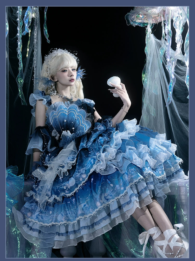 YingLuoFu - Blue Breath Jellyfish - Classic Lolita Jumper Dress, Side Zipper