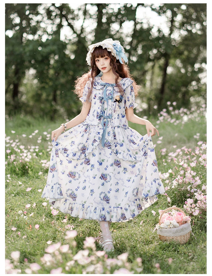 With PUJI~Berry Basket~Country Lolita OP Dress Blueberry Print Dress   