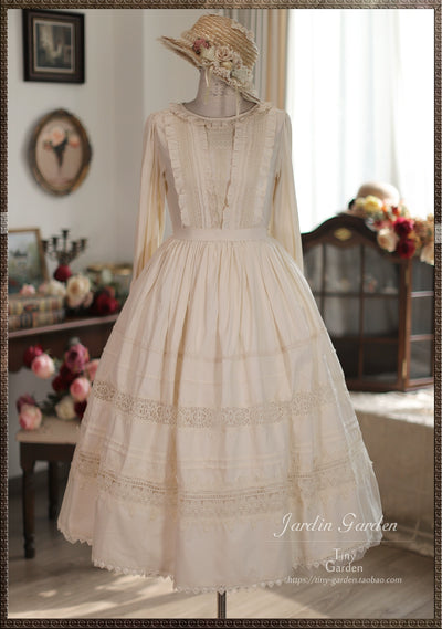 Tiny Garden~Spring Whispers~Elegant Lolita OP Dress French Style Long/Short Sleeve Long sleeve S (long length) Beige(60s Cotton)