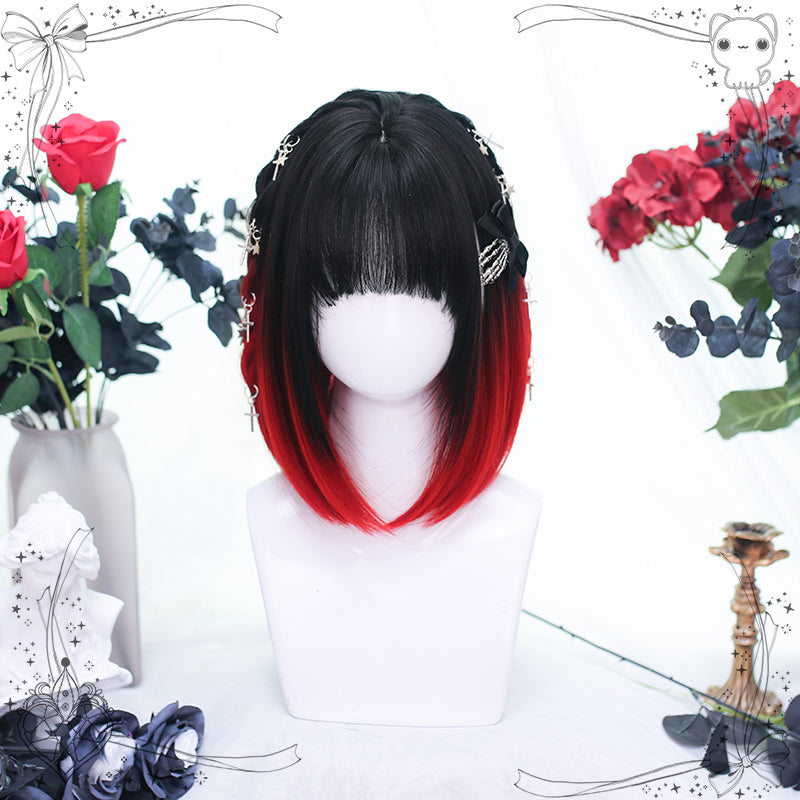 Dalao Home~Four~Black and Red Gradient Student Short Lolita Wig black and red with hair net  