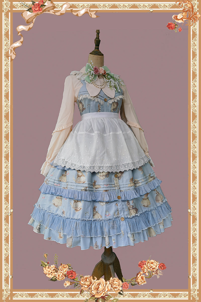 Infanta~Elegant Lolita JSK Dress Tiered Rabbit Prints Middle Split Dress S White Apron-Free size 