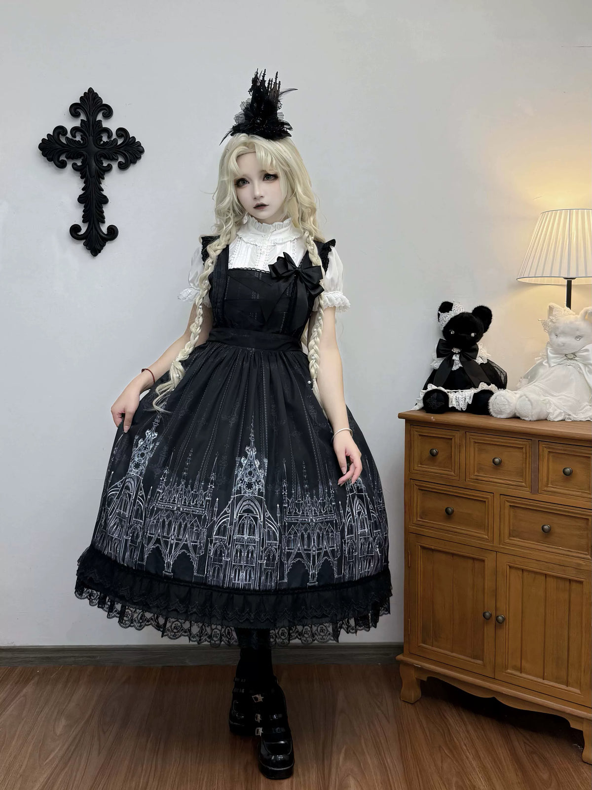 Silent Spire - Gothic Lolita Cathedral Print JSK & OP Dress Set, Side Pockets 45921:868091