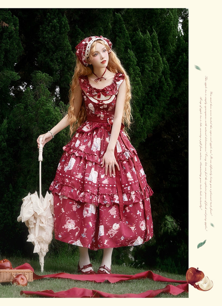 Urtto~Apple Tea~Country Lolita Dress Elegant Floral Print JSK Dress S Long Separates Set - Red 