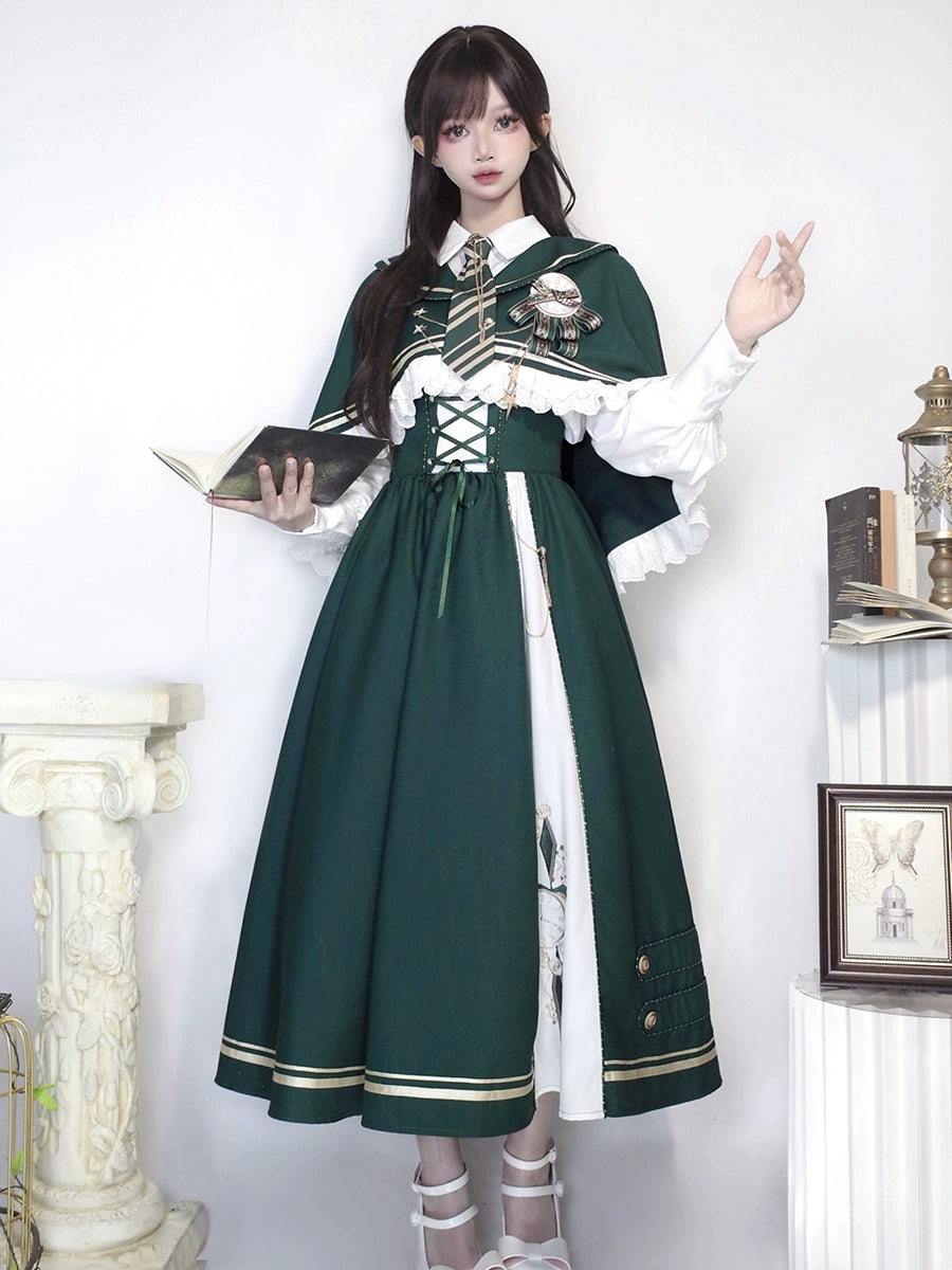 Letters from Unknown Star - Time Traveler - Winter Lolita Strap Skirt Long Sleeve Shirt S Four-piece set(cape+shirt+tie+skirt) with a badge as gift