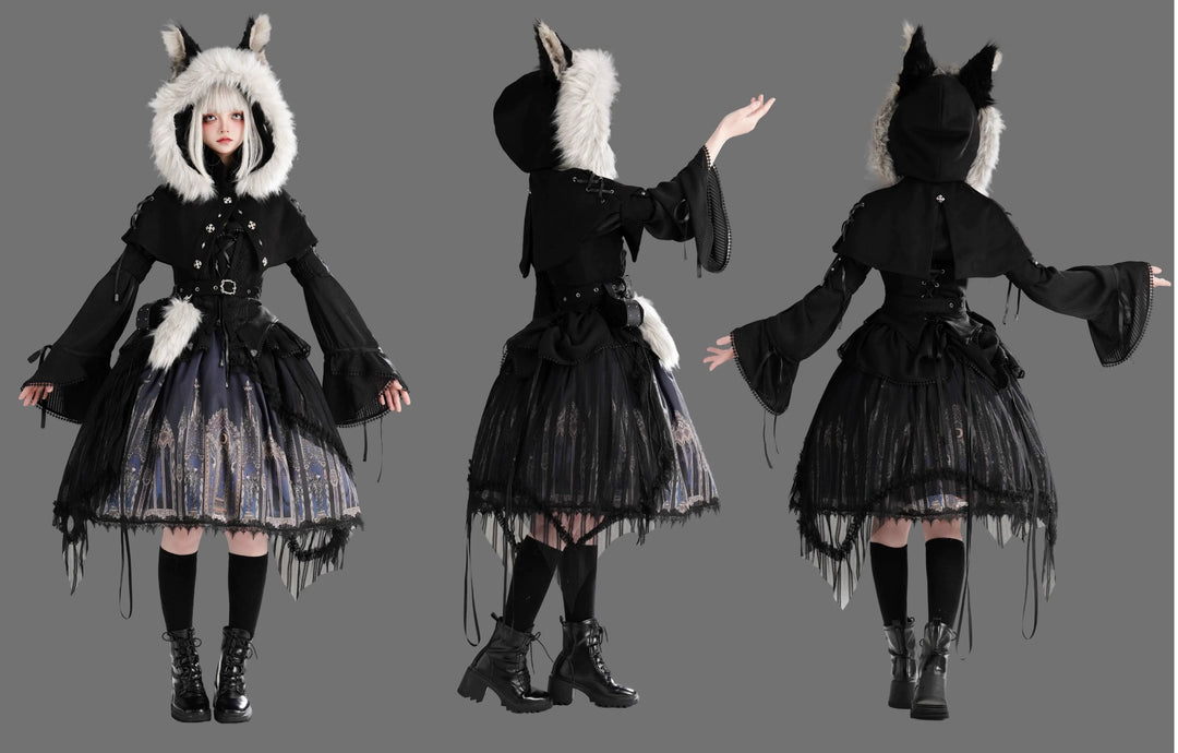 Wuyuzhe~Wolf Hunter~Gothic Lolita SK Set Halter Overskirt Cape Vest   