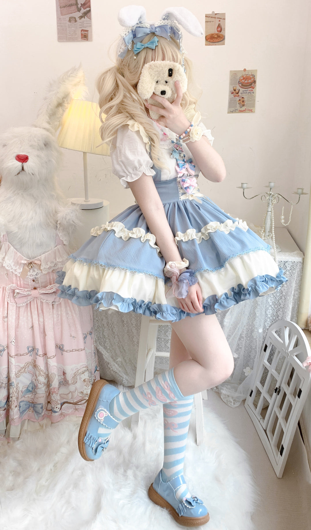 Qianmu~Lollipop~Kawaii Lolita Suspender Mini SK with Tiered Ruffle and Multicolor 42407:739320