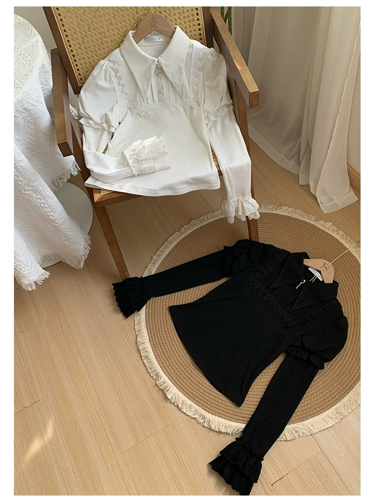 With PUJI - The Vow - Solid Lolita Sweater, Juliet Sleeve, Pointed Collar