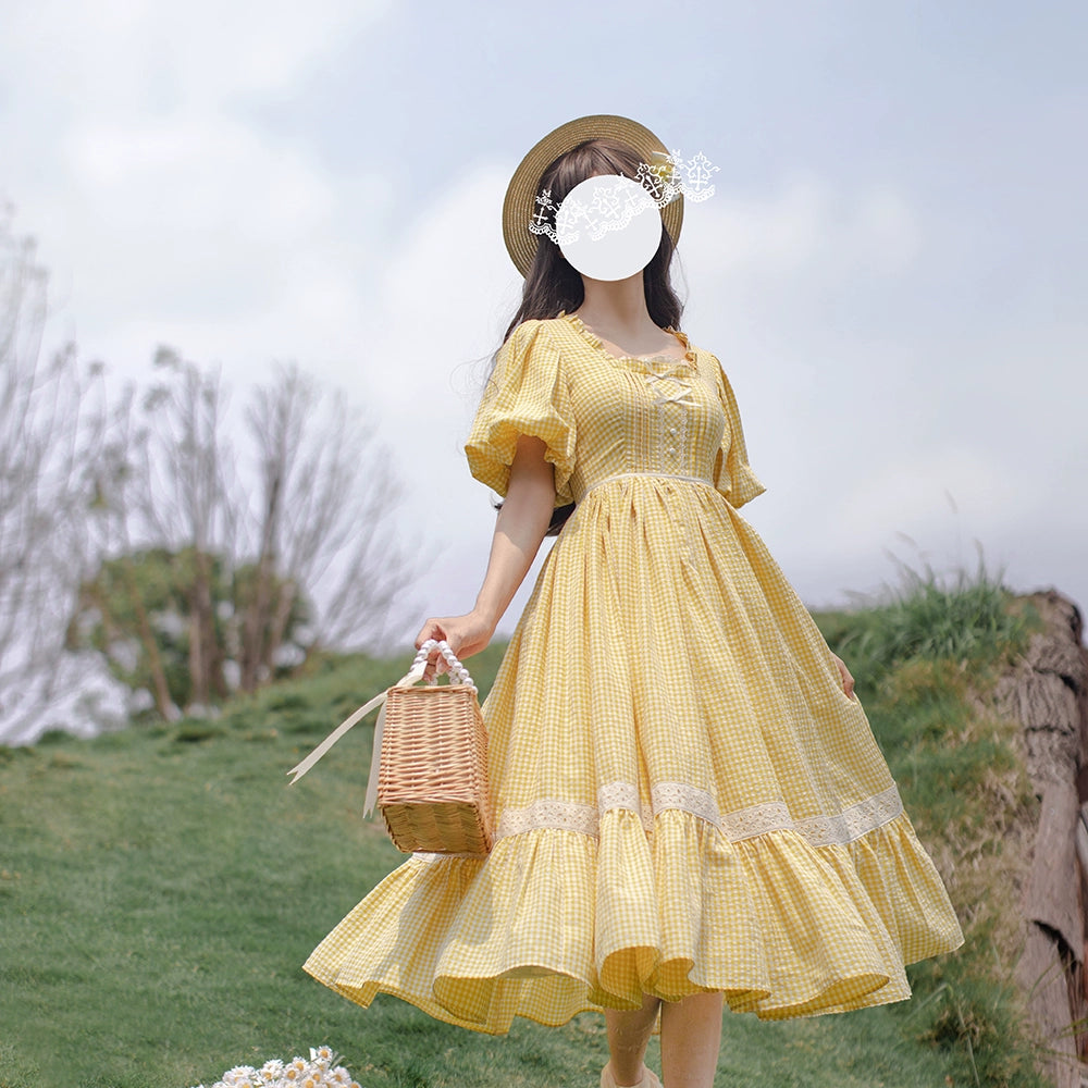 HuTaoMuJK - Belle - Yellow Lolita OP Dress Set Apron Dress Plaid Print