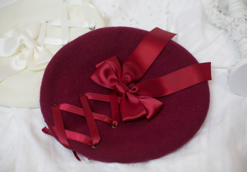 (BFM)SweetDreamer~Steam Era~Retro Lolita Beret Cross Ribbon Bow Hat Multicolors adjustable burgundy hat with red bow 