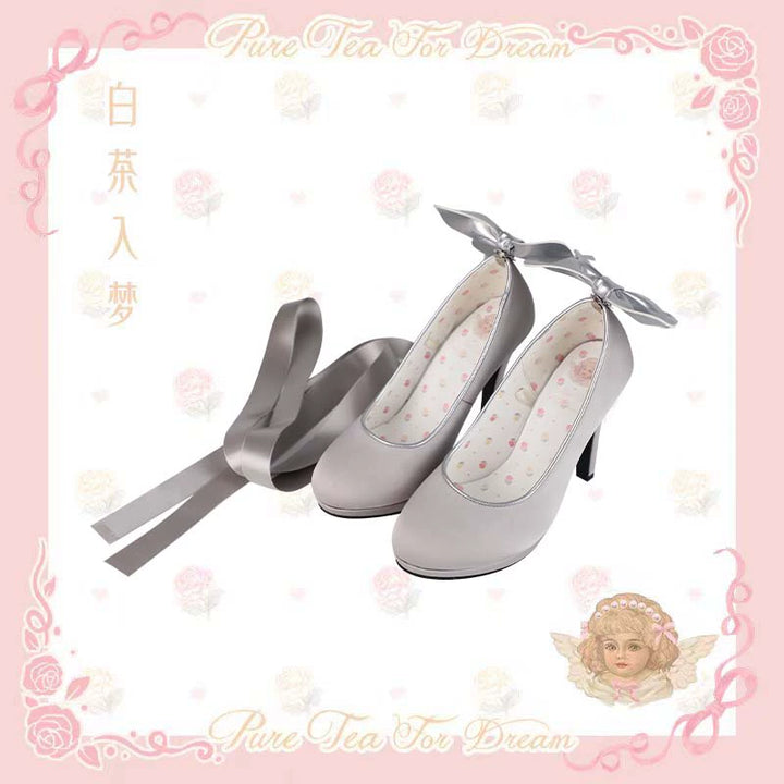 Pure Tea For Dream~Butterfly Specimen~Ballet Style Lolita Shoes Elegant Platform Lolita Heels 34 Satin silver gray 