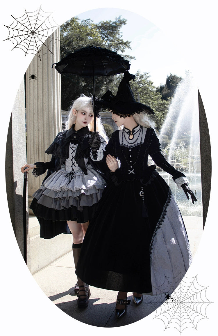 With Puji~Innocent Talk~Halloween Chinese Style Lolita OP Black-silver Gray Dress   