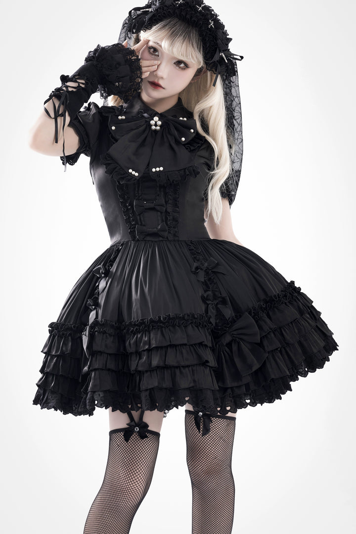 Nn Star~Starry Nights~Gothic Lolita JSK Dress Short Length Vintage Jumper Dress M Black Satin JSK + Bow Tie 