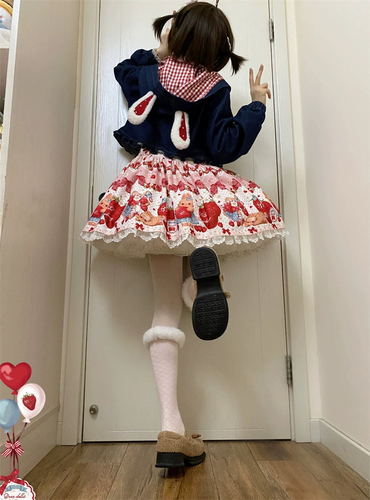 To Alice~Spring Strawberry Bunny~Kawaii Lolita Salopette Dress Hooded Coat and Blouse